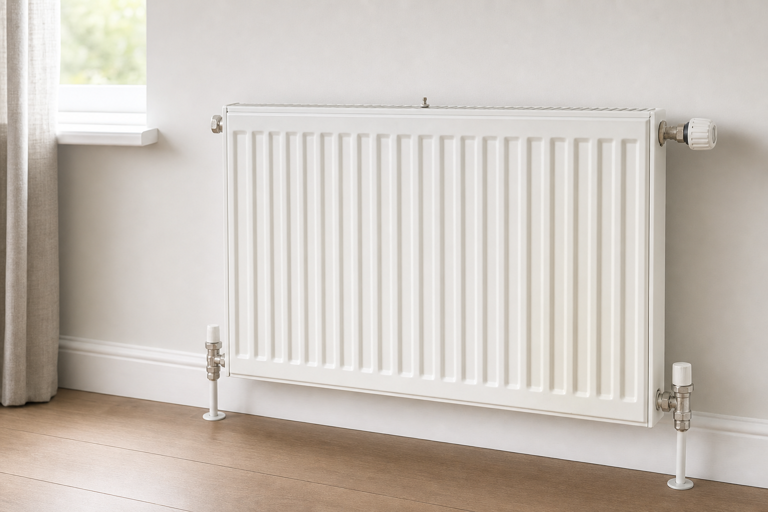 A white radiator attached to a wall in a bright, minimalistic room with wooden flooring.