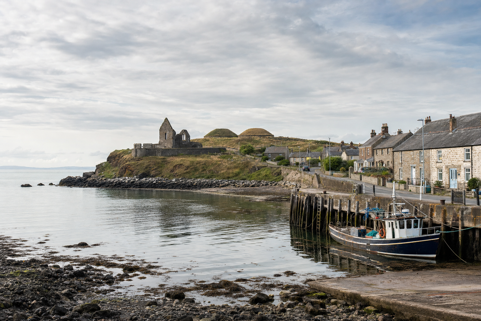 Ruined stone abbey on a coastal hill with a small harbour and fishing boat in the foreground.