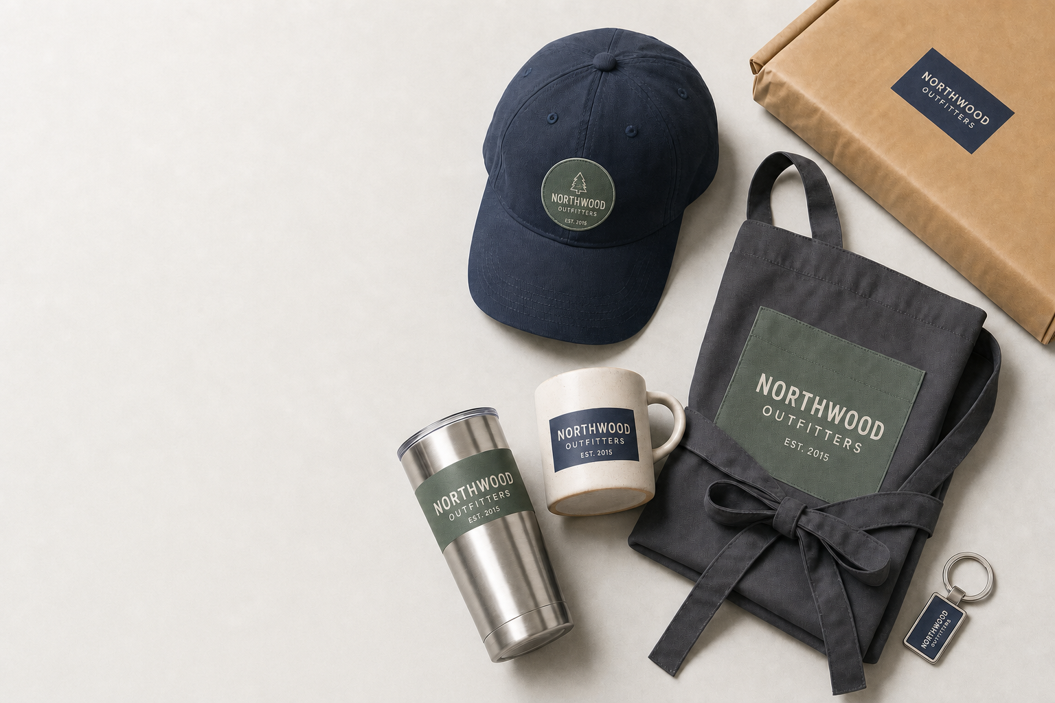 Northwood Outfitters merchandise including a cap, apron, tumbler, mug, keyring, and box, neatly arranged on a surface.