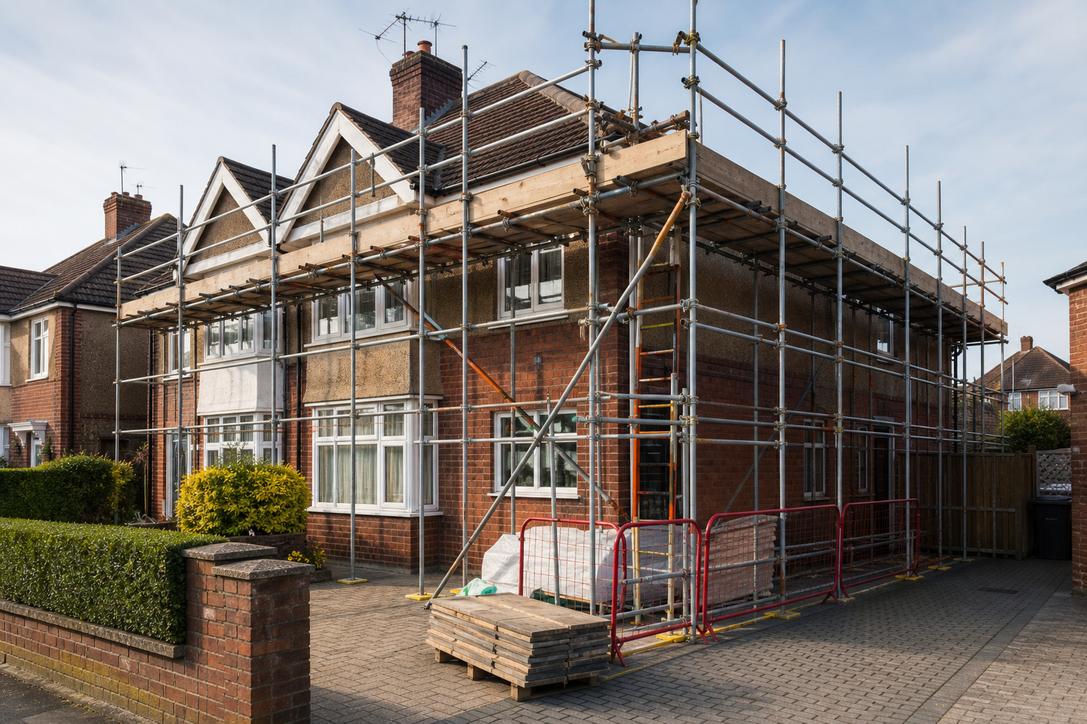 House with scaffolding undergoing renovation work on the exterior.