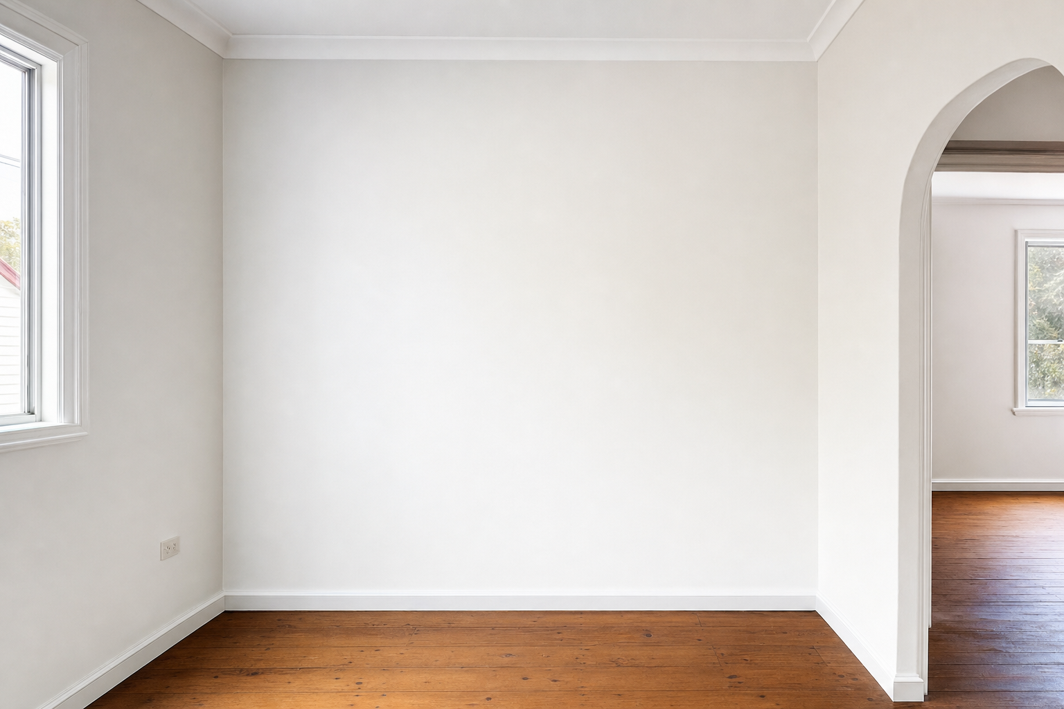 Empty room with white walls, a wooden floor, arched doorway, and windows providing natural light.