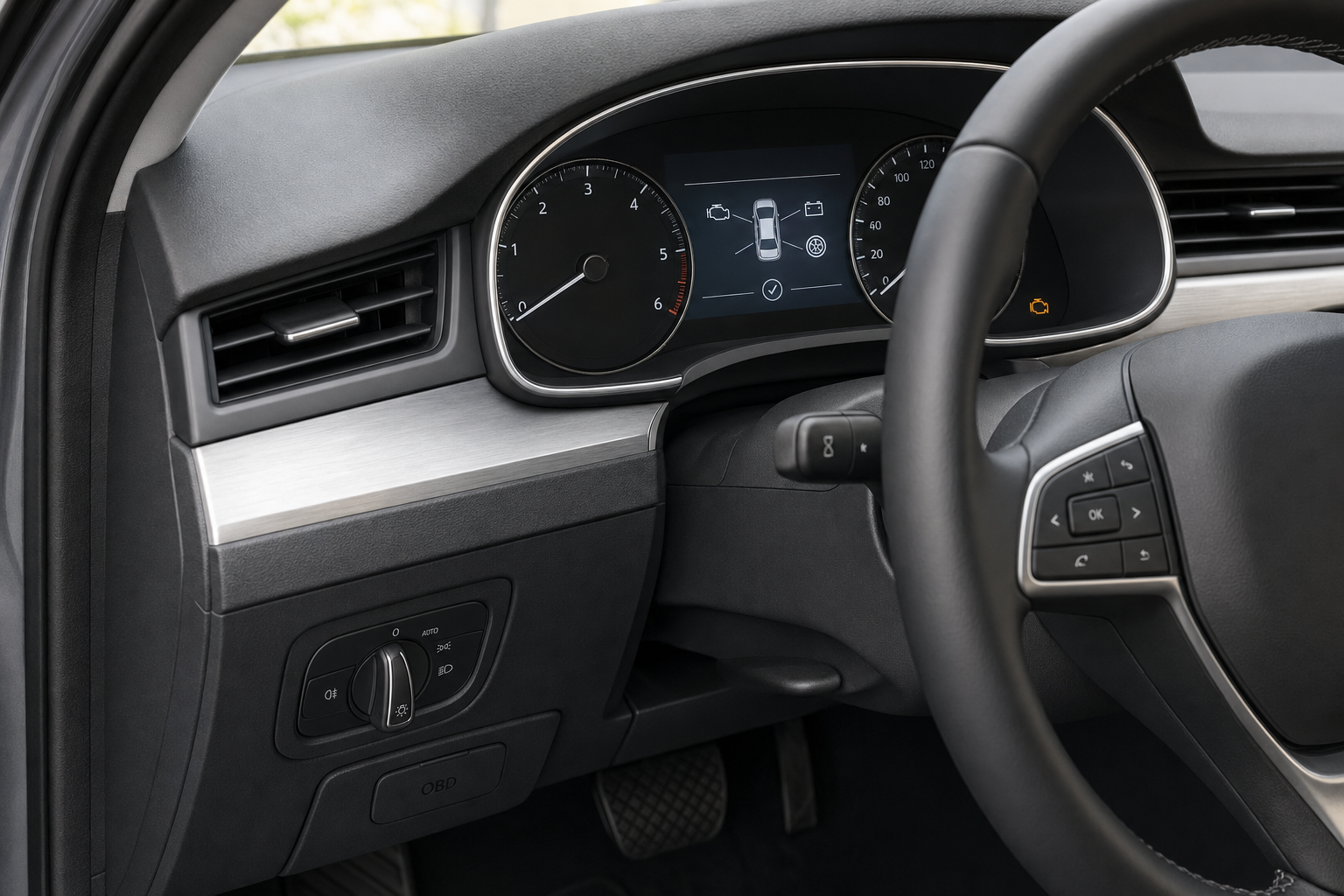 Car dashboard showing speedometer, steering wheel, and control buttons with digital display in the middle.