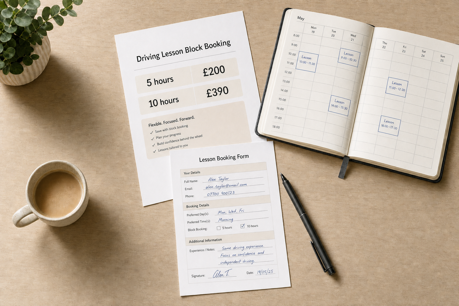 Driving lesson booking forms on a table with an open planner, pen, and cup of coffee.