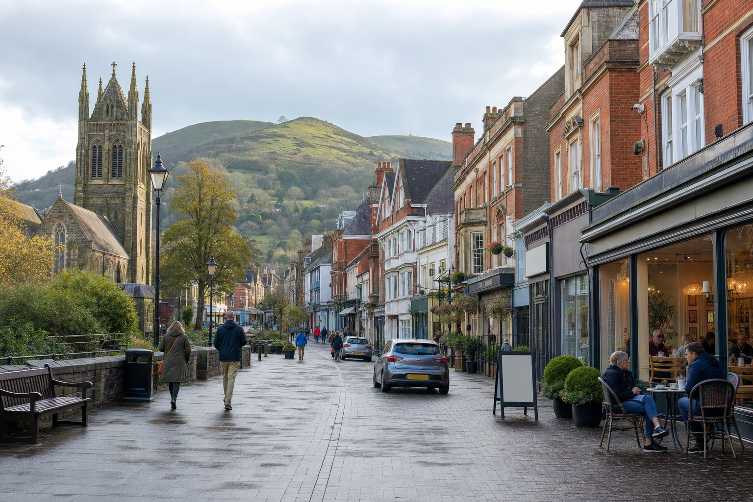 A quaint street scene with historic buildings, a church, and people walking or dining under a cloudy sky near a green hill.