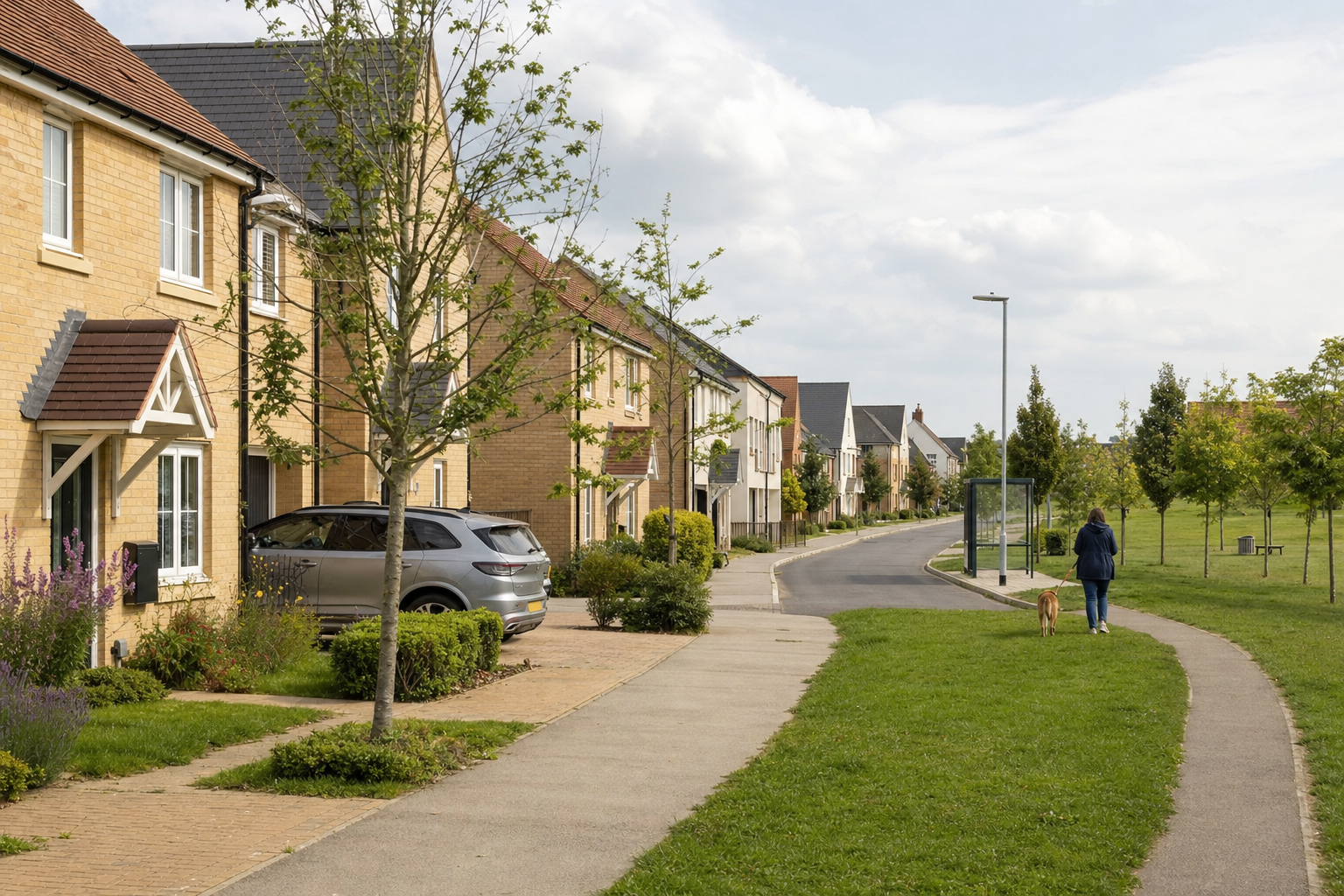 A person walks a dog on a grassy path next to a row of modern terraced houses in a suburban neighbourhood.