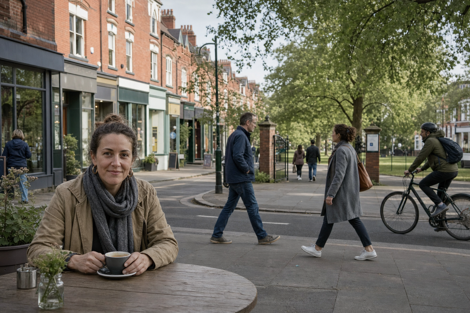 A woman enjoys a coffee at an outdoor table on a bustling street lined with shops and a nearby park.