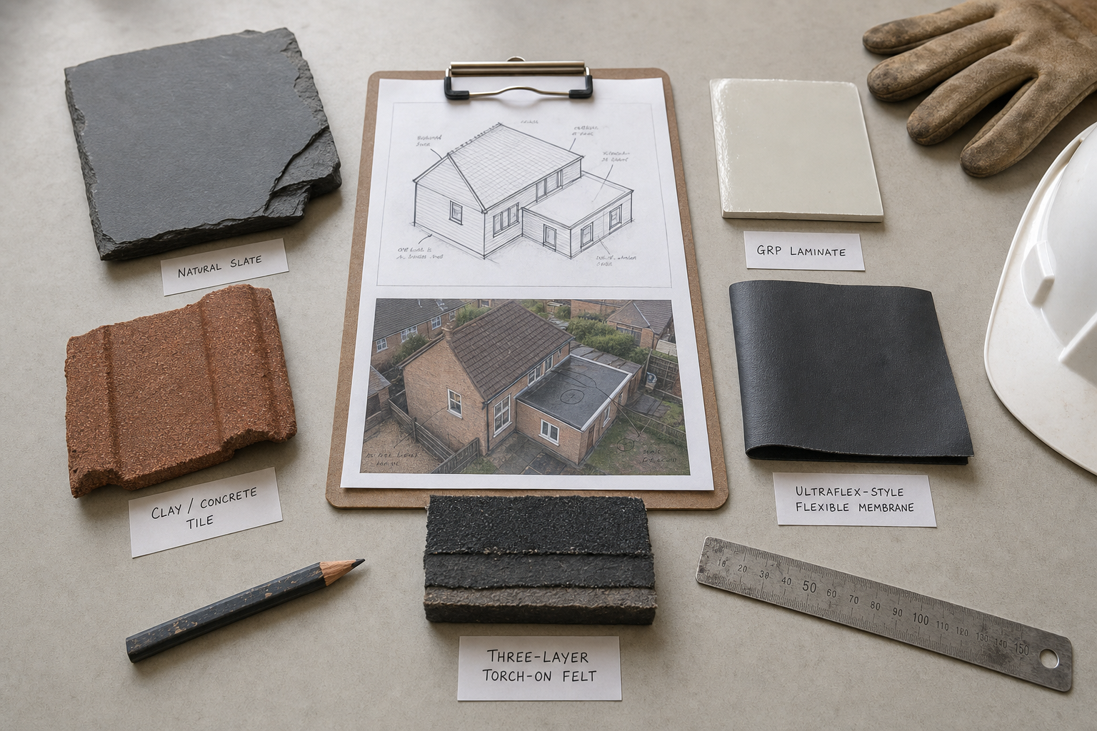 Architectural plans on a clipboard surrounded by roofing samples, a pencil, a ruler, a hard hat, and work gloves.