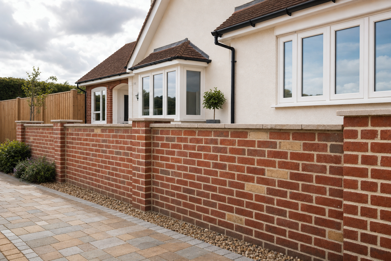 A modern brick and render house with a paved driveway and neat garden under a cloudy sky.