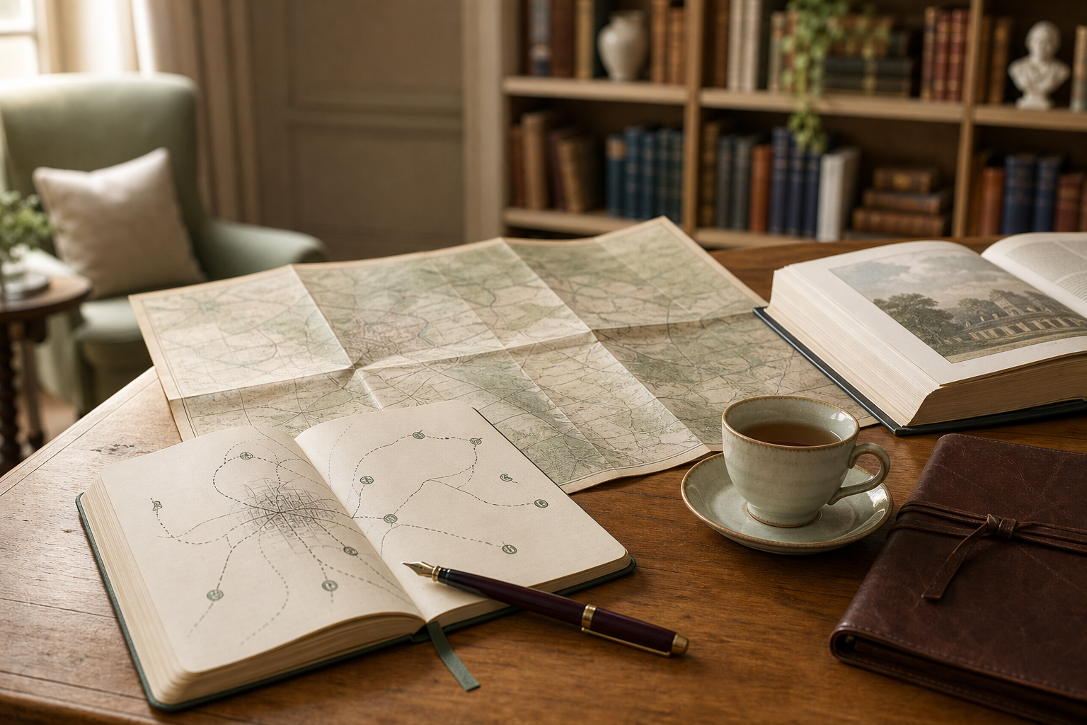 A desk with an open map, notebook with sketches, a pen, a cup of tea, a book, and a leather-bound journal in a cosy study.