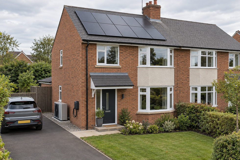 A semi-detached house with solar panels on the roof and an electric car in the driveway.