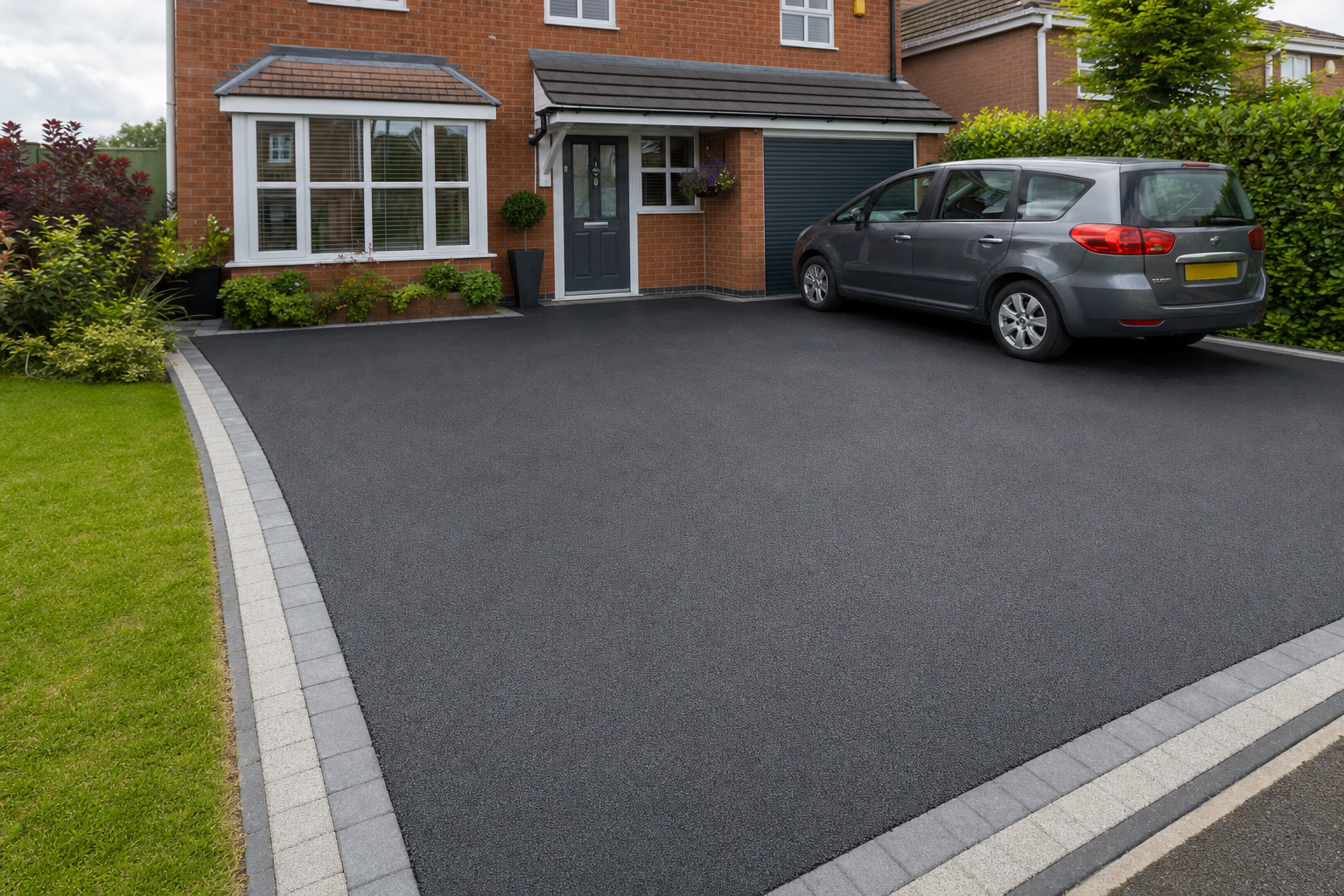 A grey car parked on a freshly paved driveway in front of a red brick house with a neatly trimmed lawn.