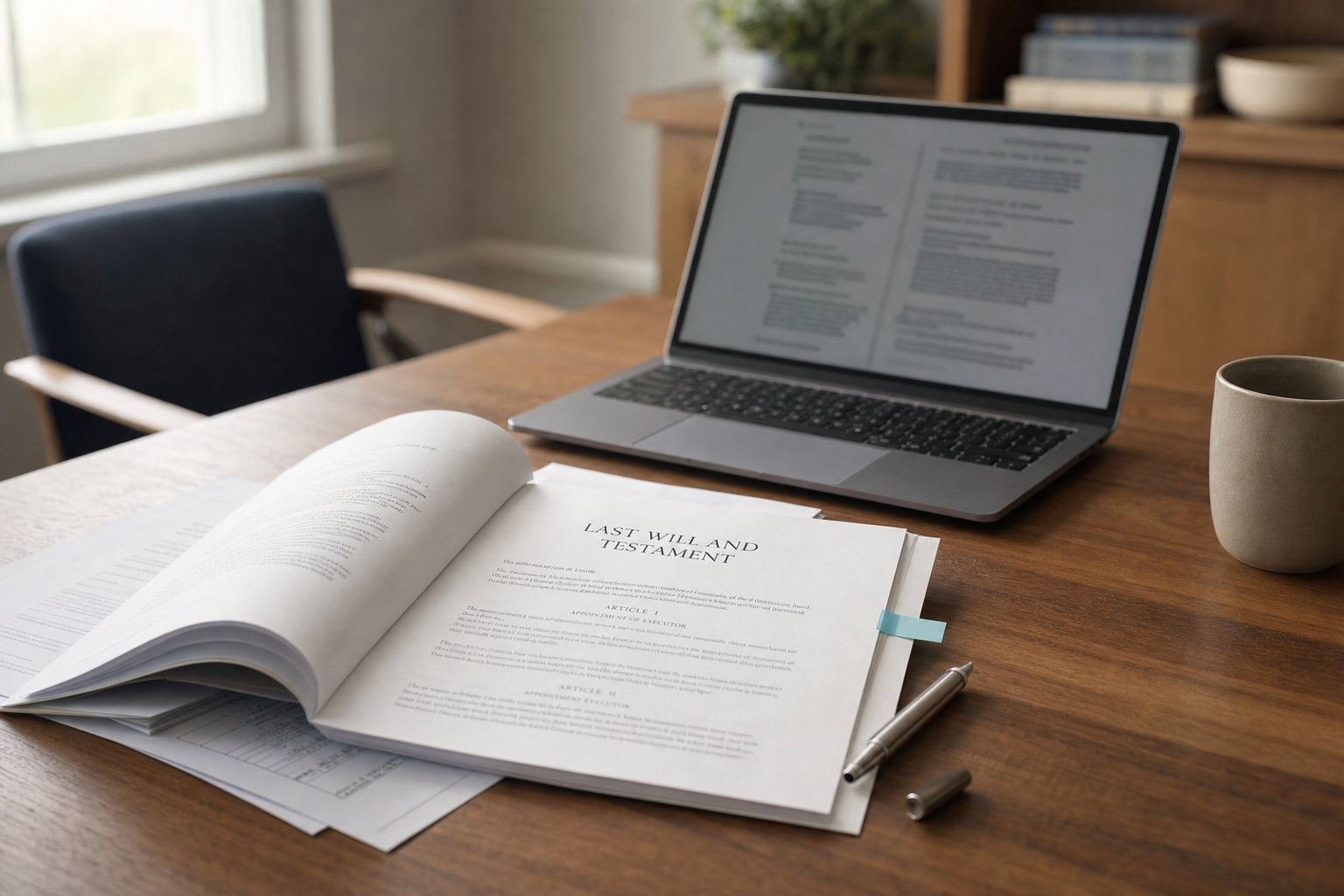Laptop and last will document on a wooden desk with a pen and mug nearby.