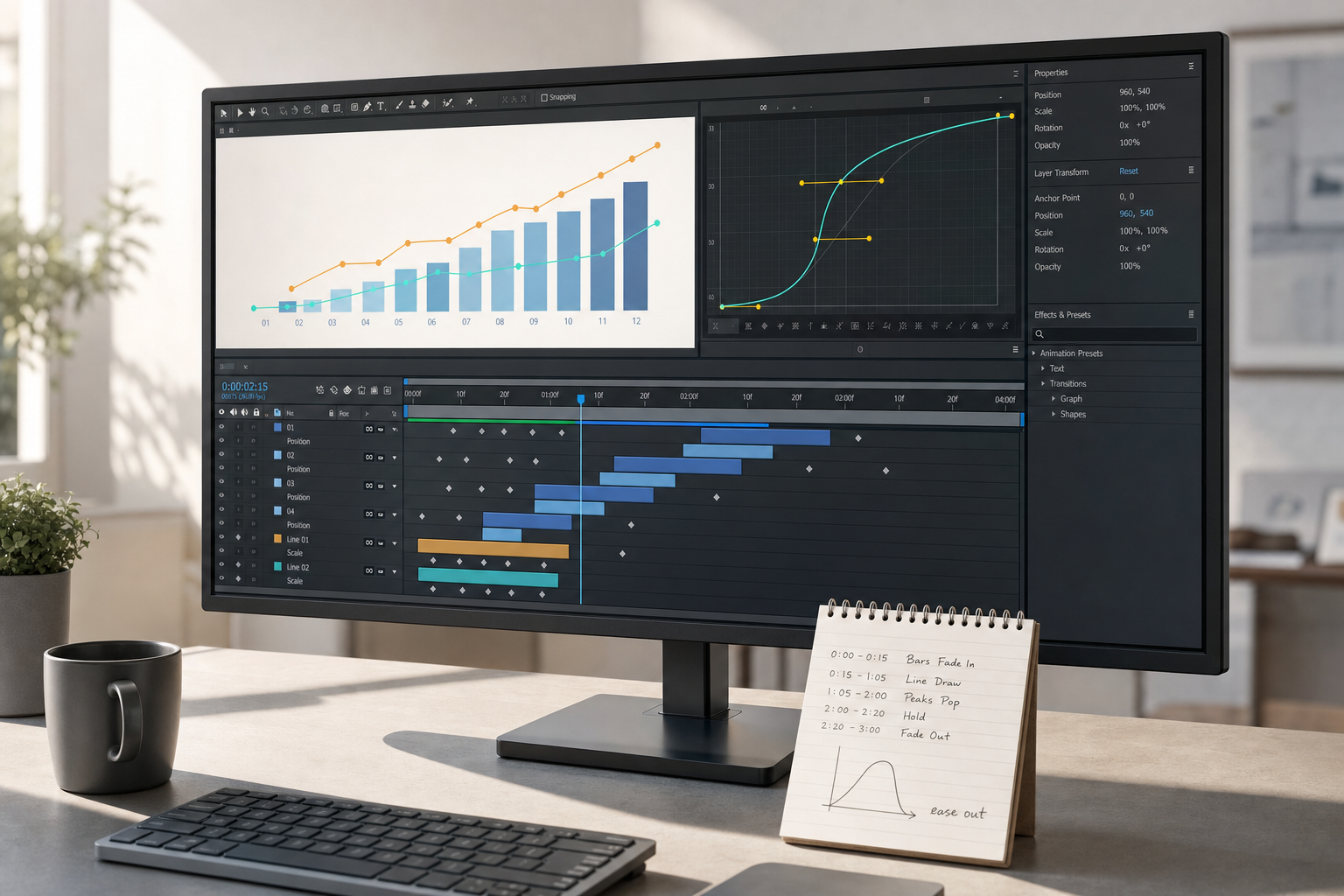 Computer monitor displaying graph and timeline charts on a desk with a notebook and mug.
