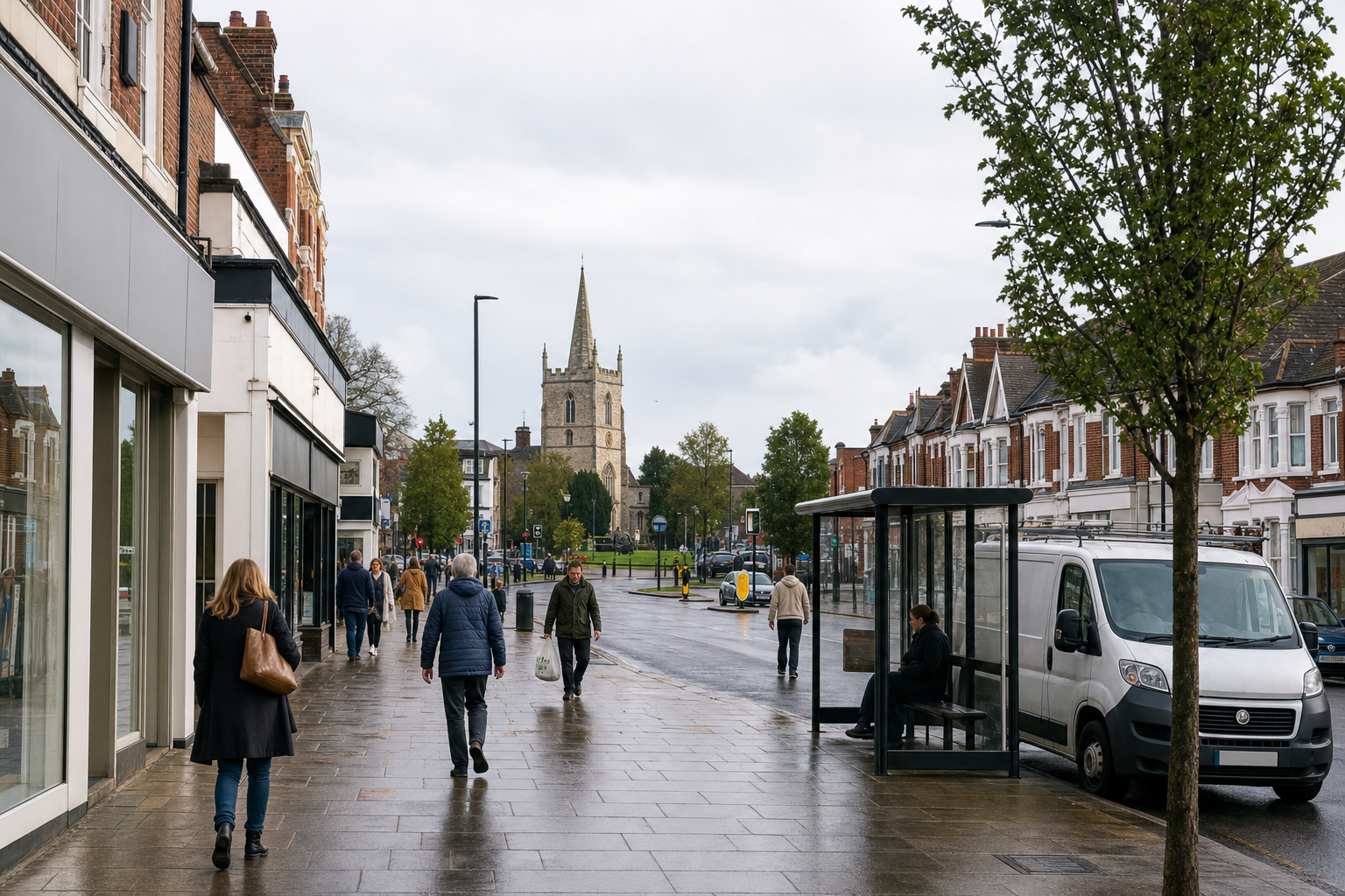 People walking on a wet pavement with a church in the background and a person sitting at a bus stop.