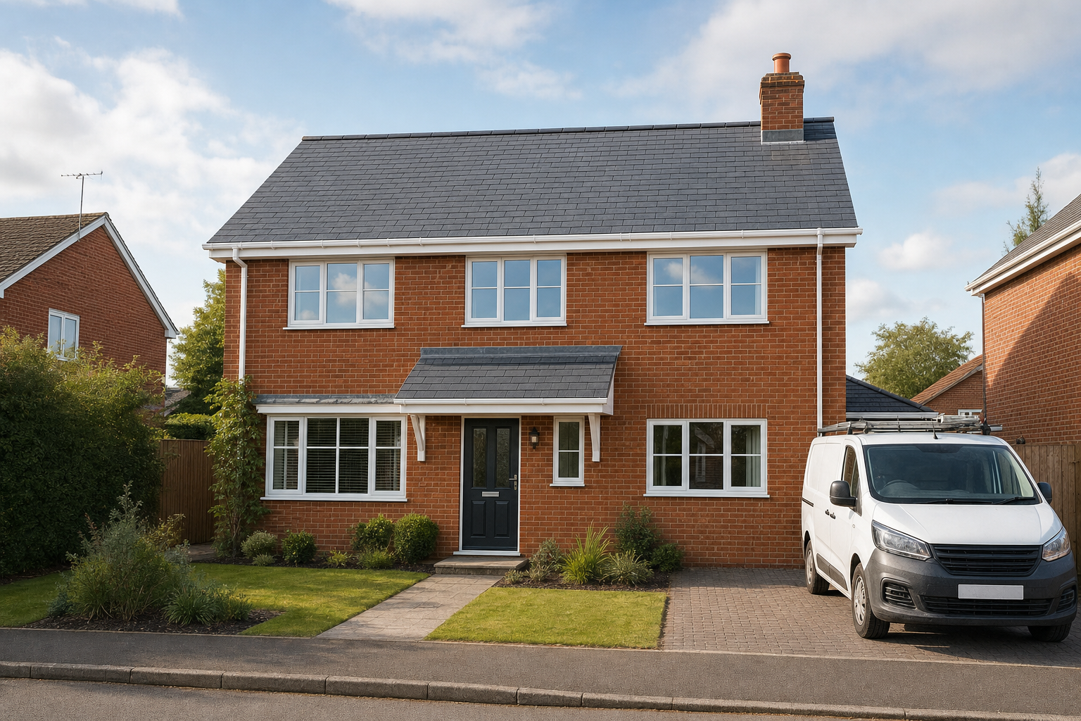 A two-storey red-brick house with a white van parked in the driveway under a cloudy blue sky.
