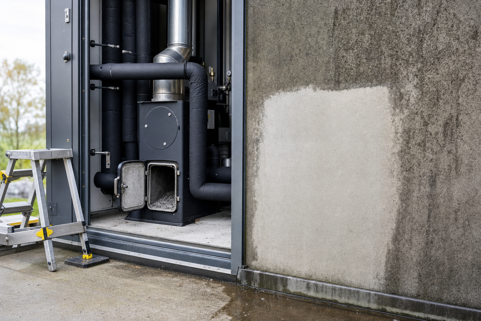 Industrial boiler with open access panel next to a ladder and a weathered wall showing a cleaned section.