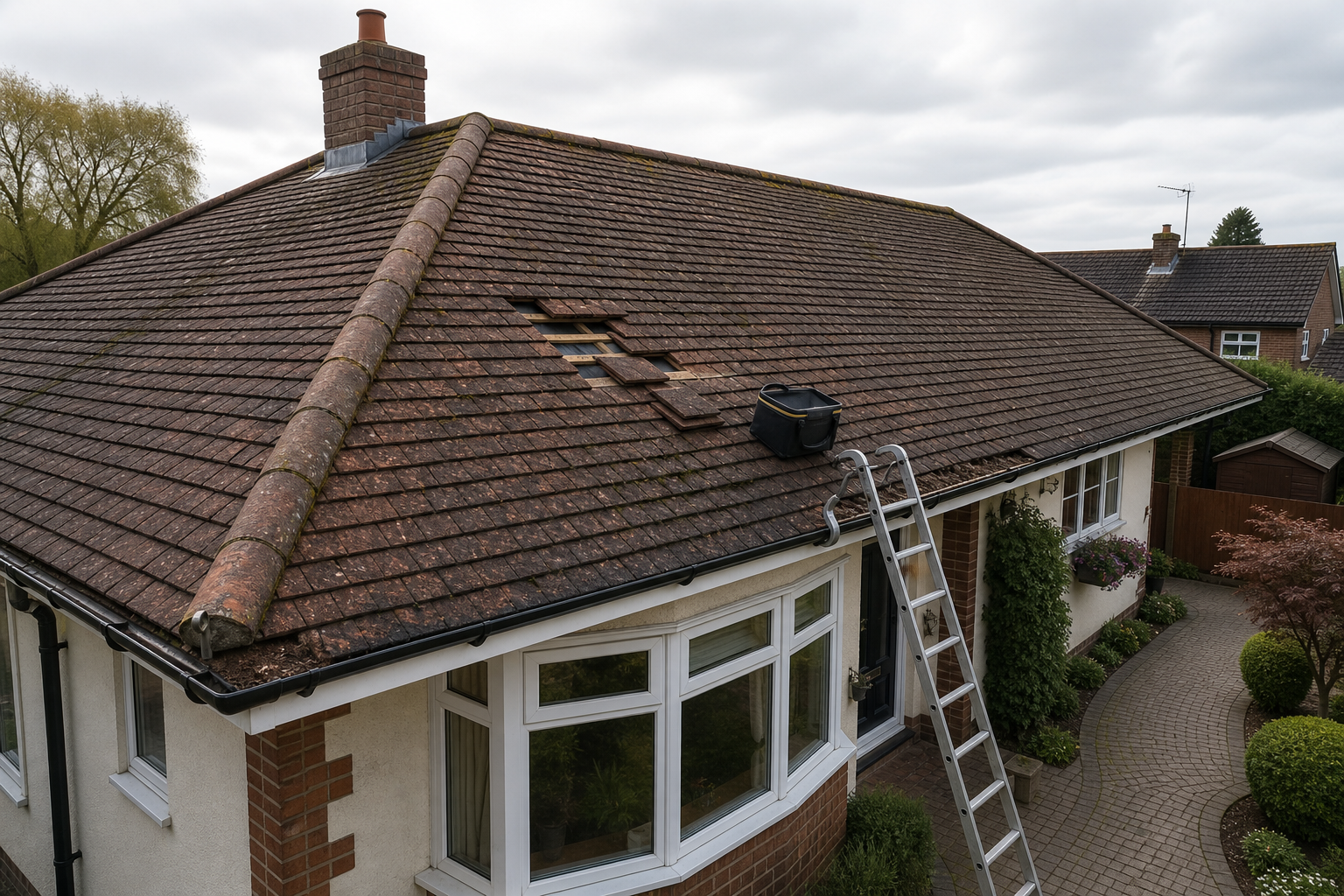 A detached house with missing roof tiles, a ladder leaned against it, and a toolbox placed on the roof.