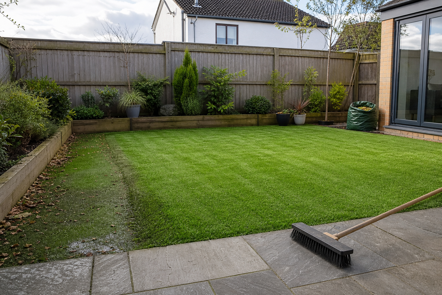 Well-maintained garden with a grassy lawn, potted plants, and a broom on a stone patio near a house.