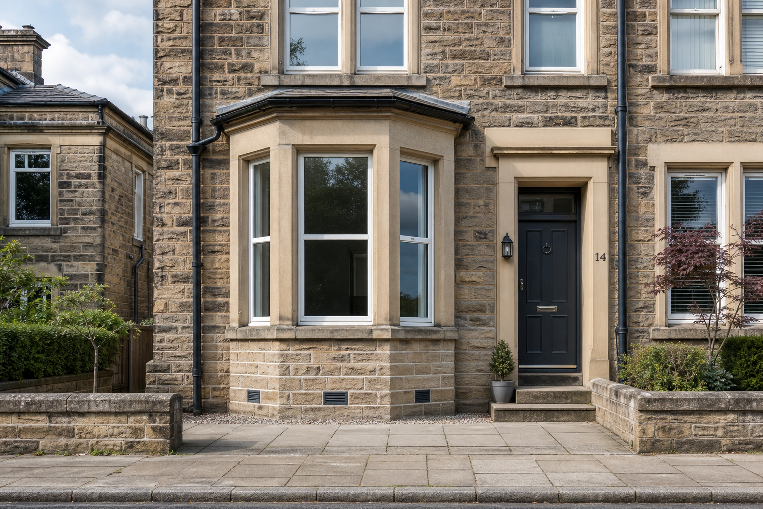 Stone terraced house with a bay window, dark door, and small potted plant beside the entrance, set on a paved street.