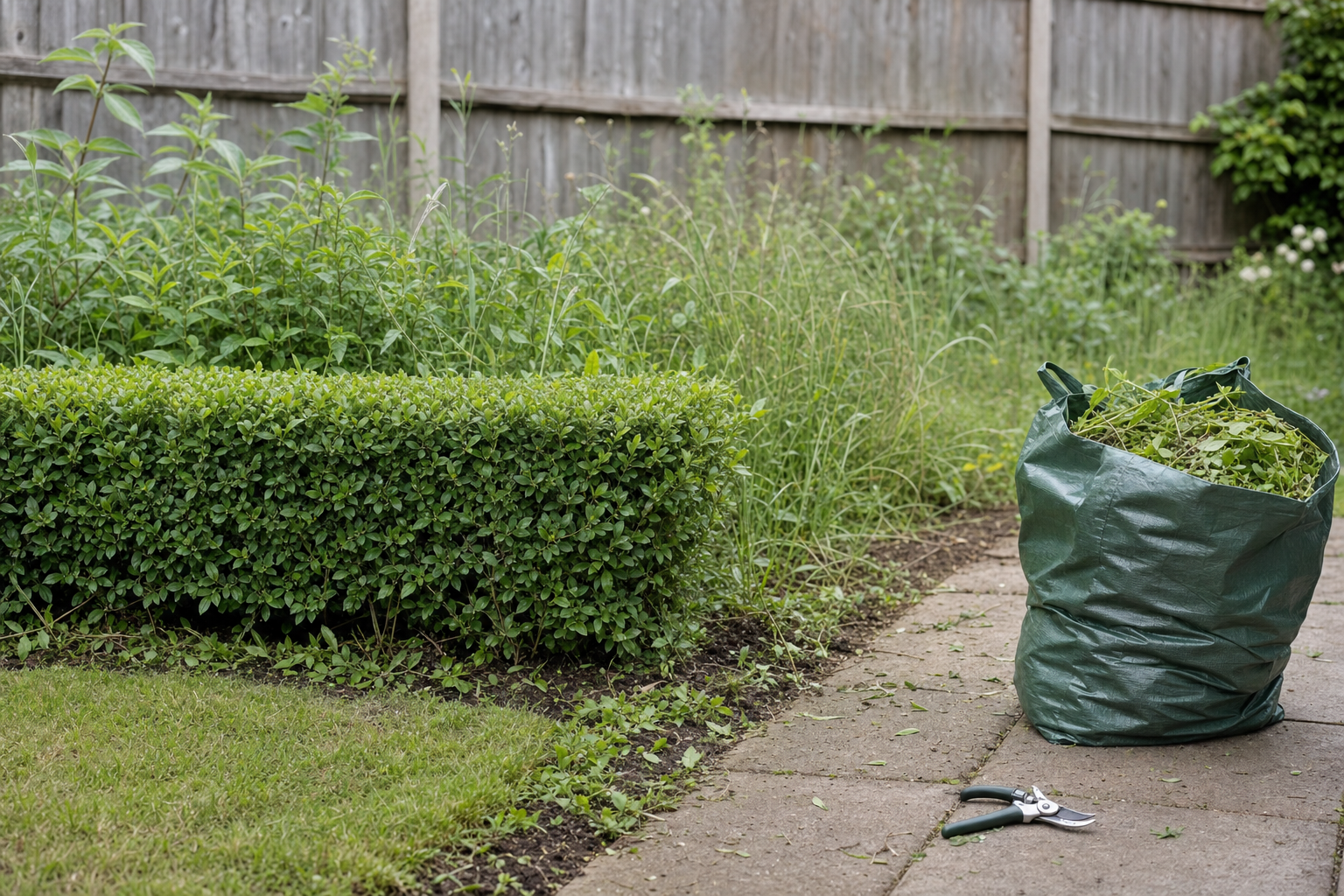 A manicured hedge, overgrown plants, a bag of clippings, and pruning shears on a garden path.