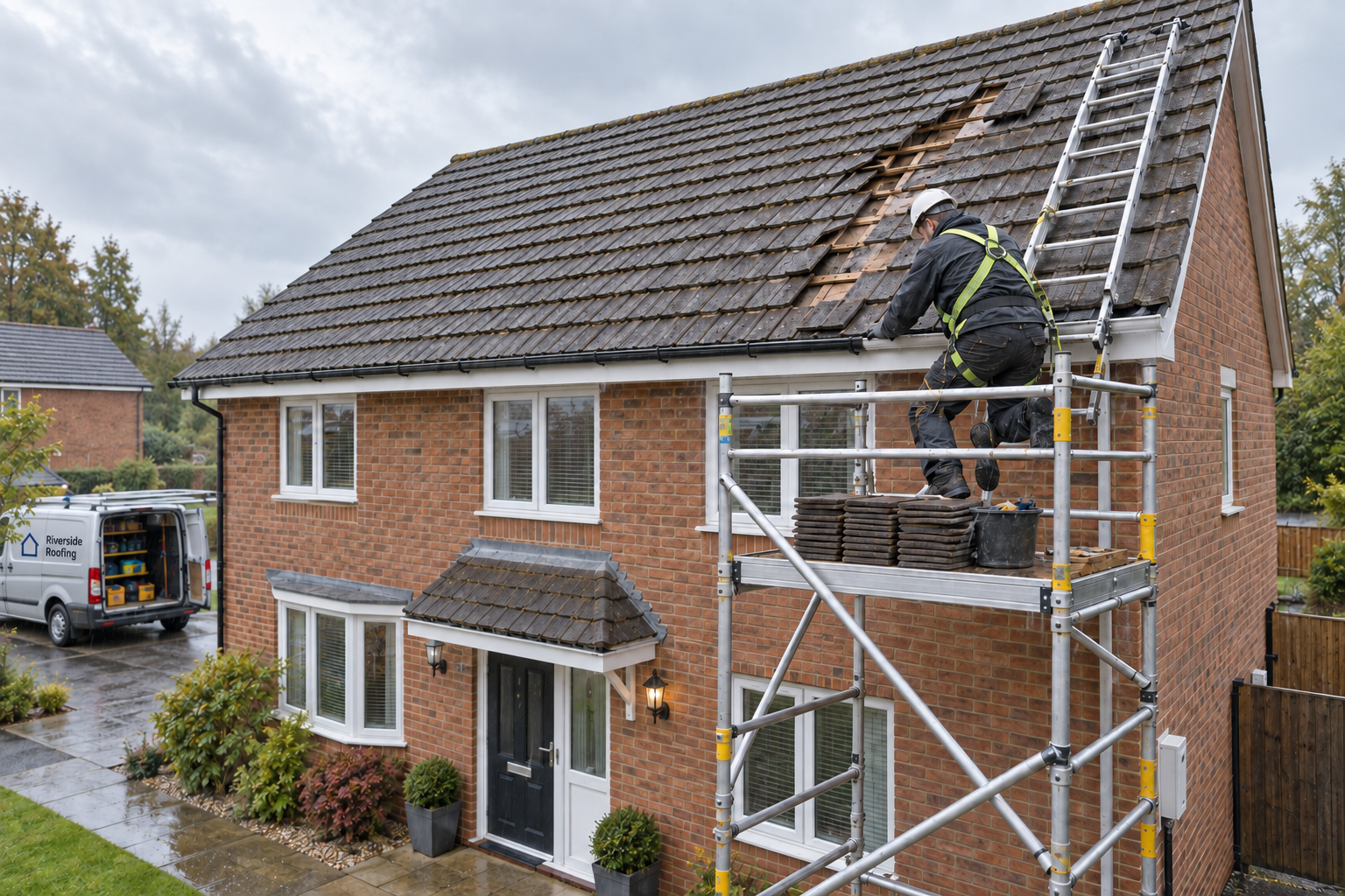 A worker on scaffolding repairs roof tiles on a red brick house, with a van parked in the driveway.