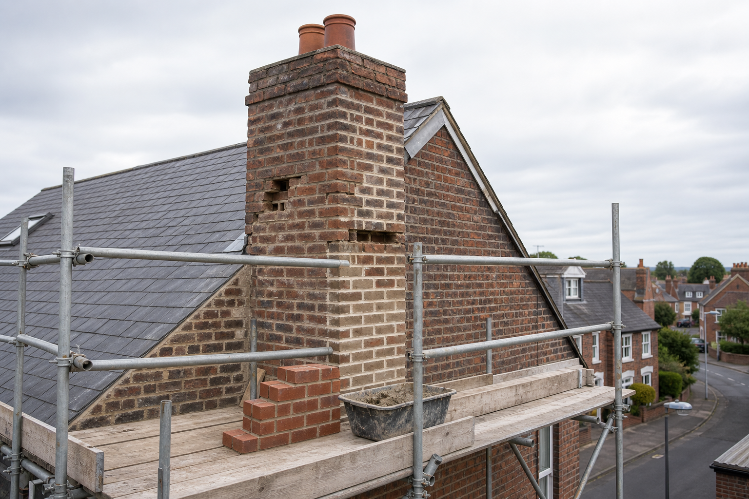 A brick chimney under repair with scaffolding and a trowel on a rooftop overlooking a residential street.