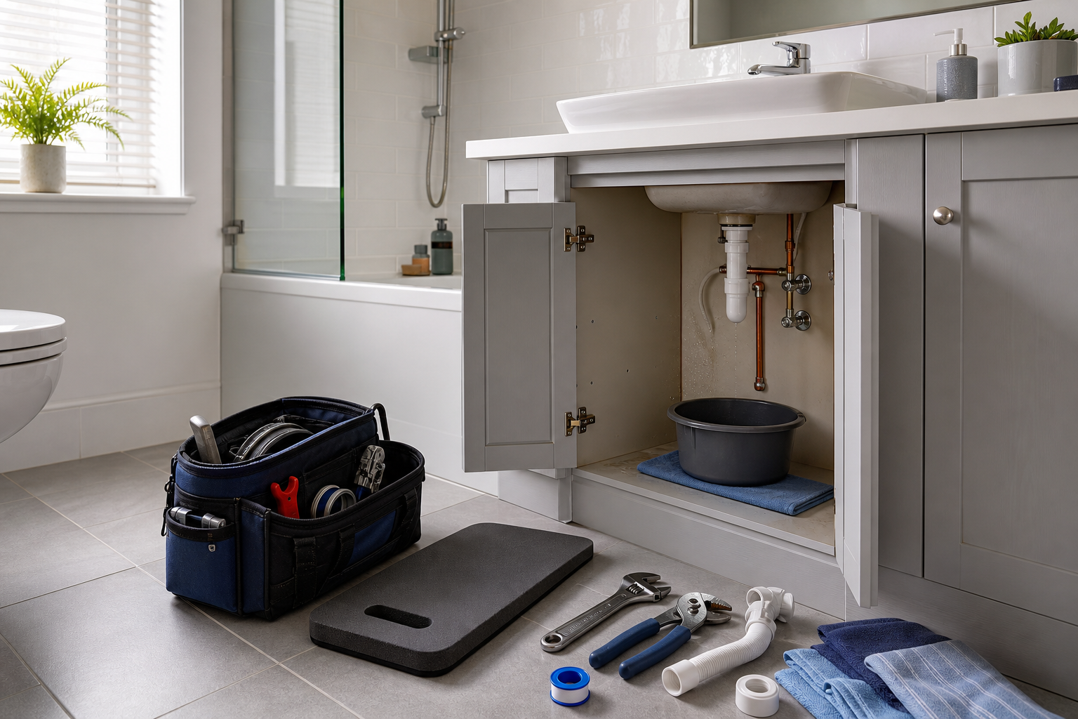 Bathroom sink with cabinet open, showing plumbing tools and repair materials on the floor.