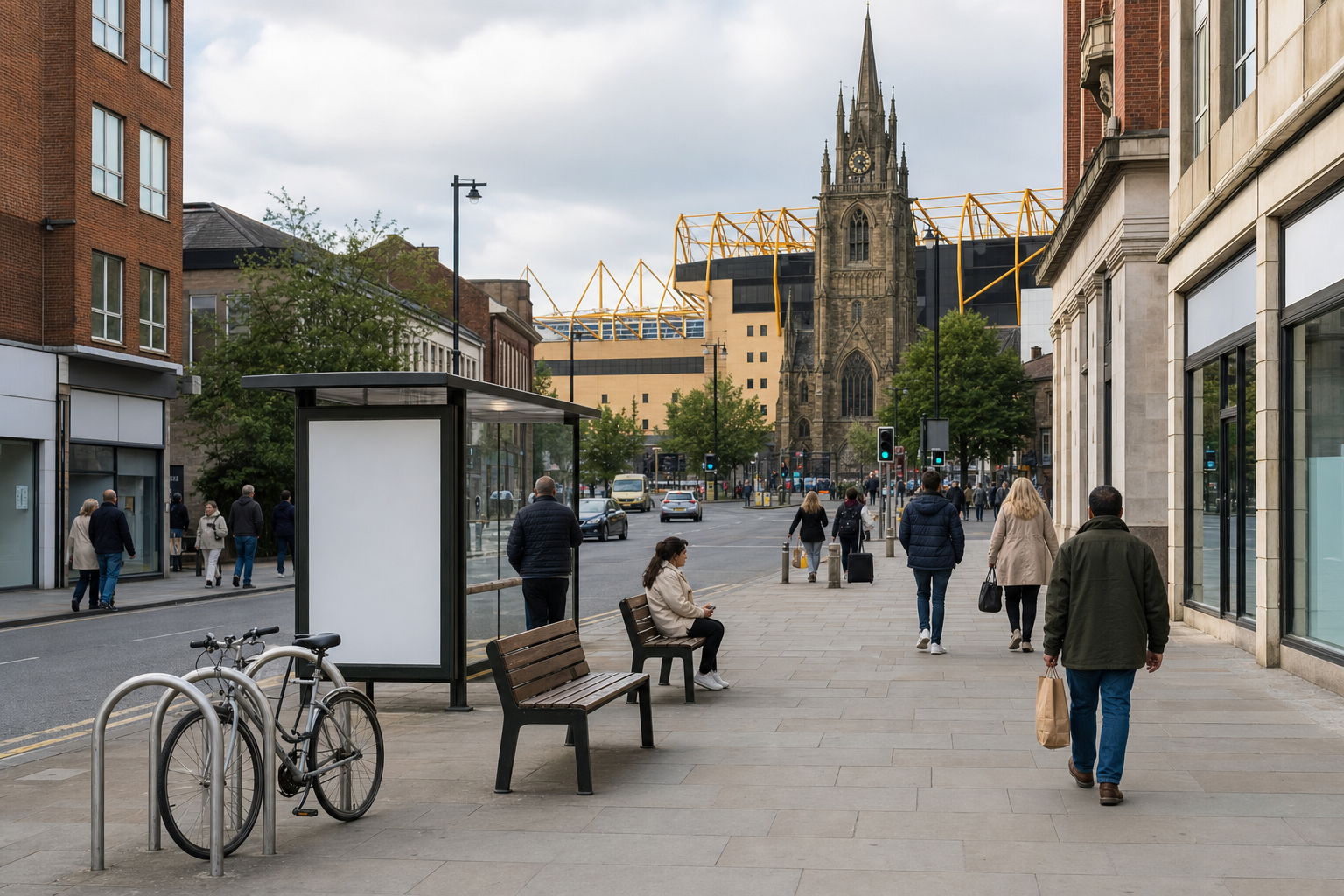 People walking on a city street with a church and modern stadium in the background.