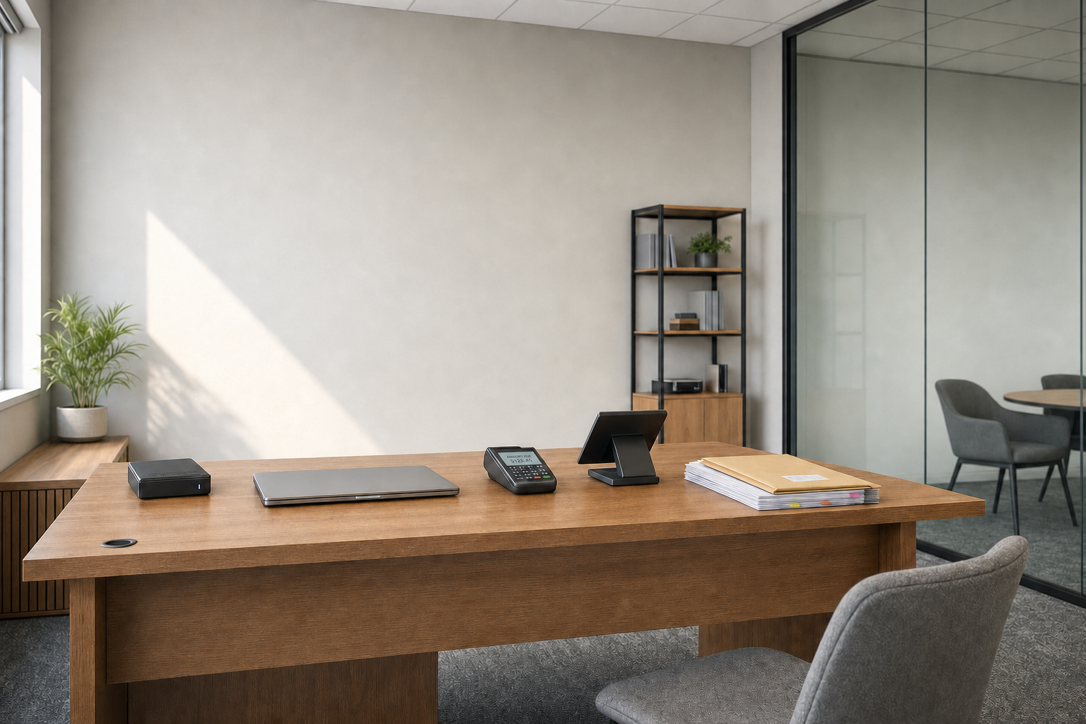 Modern office with a wooden desk, laptop, payment terminal, and a stylish shelf unit in the background.