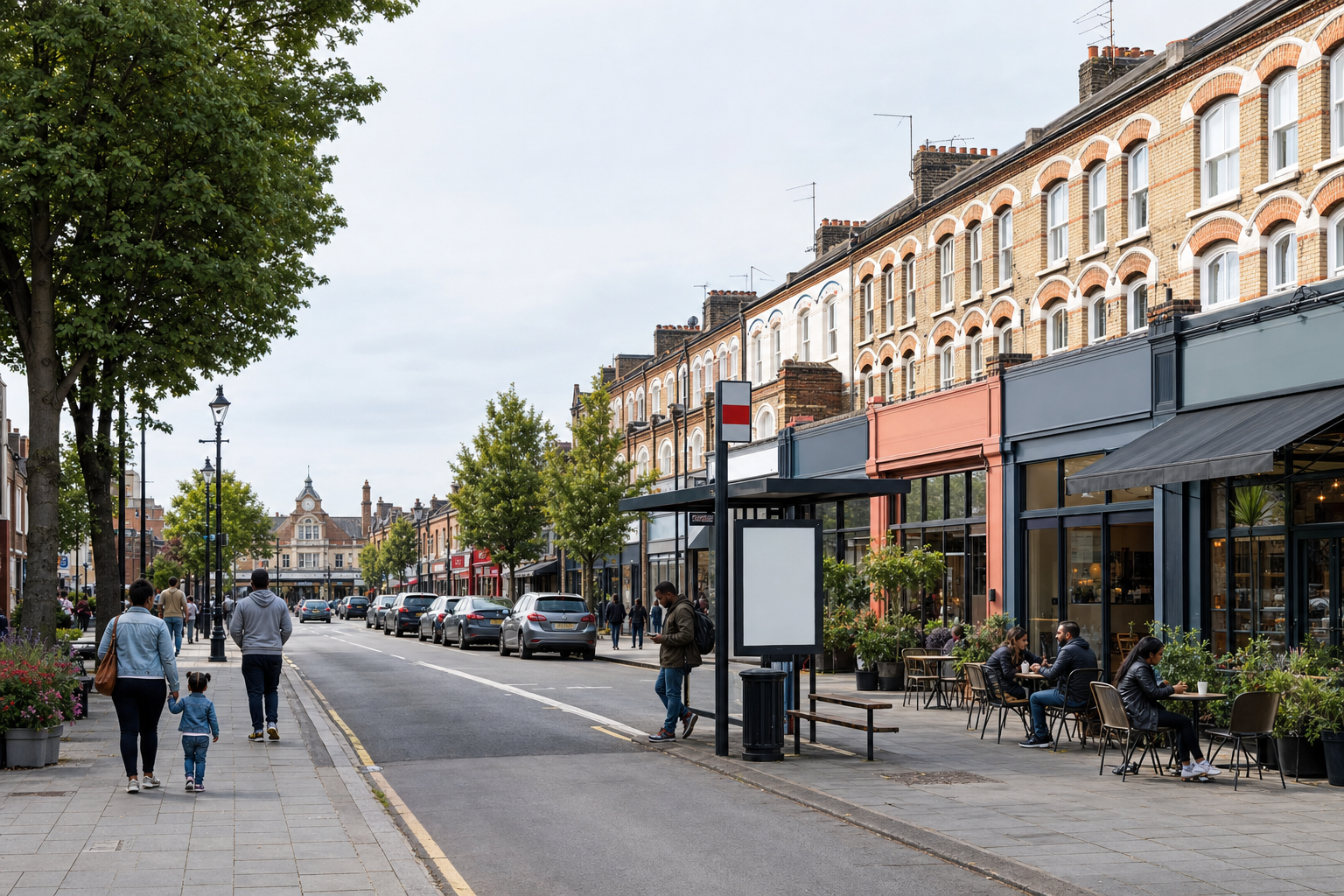 A bustling street with people walking, cars parked, and outdoor café seating in front of terraced buildings.