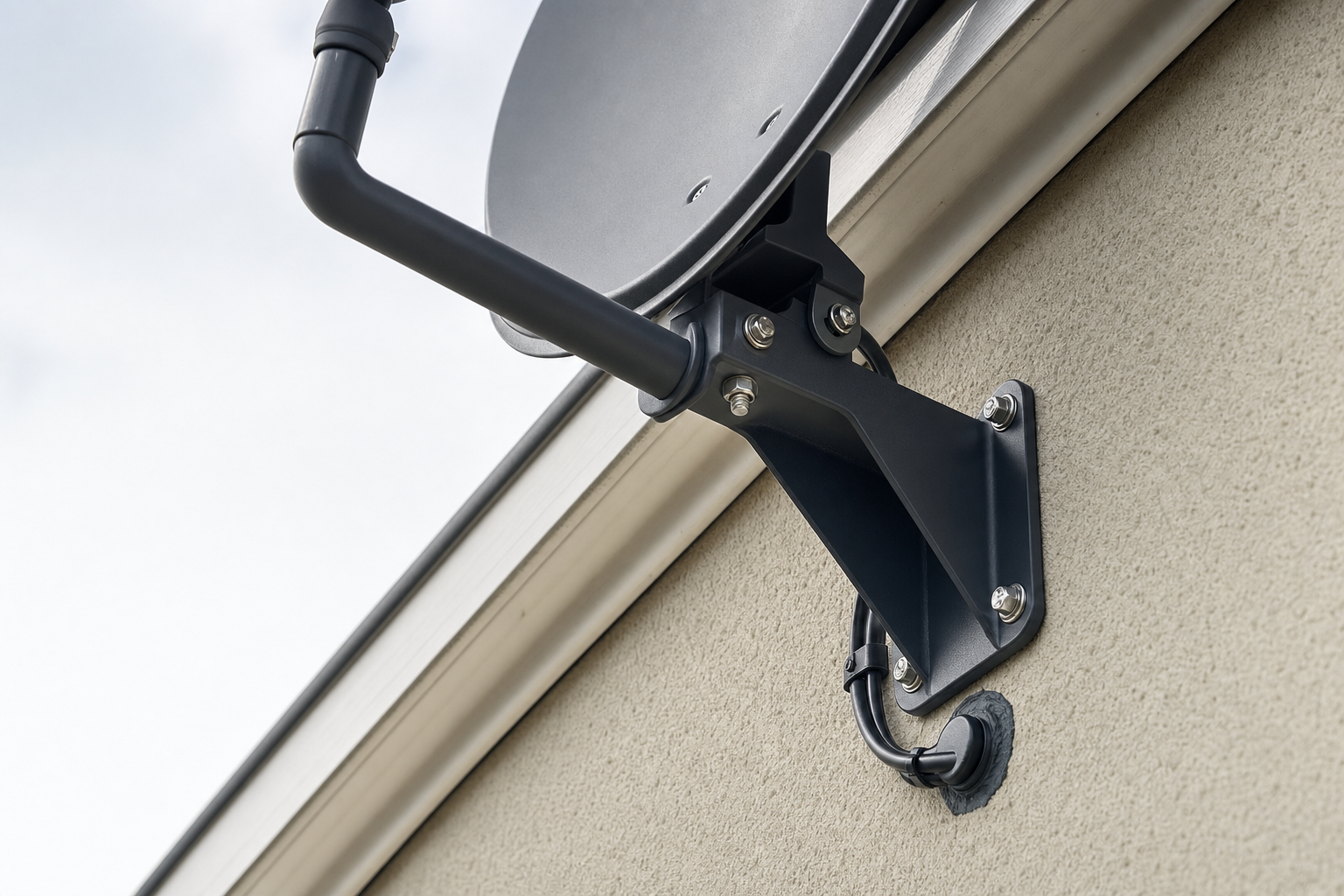 Satellite dish securely mounted on an exterior wall, with a visible cable connection.