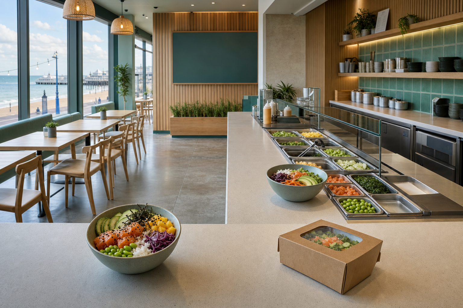 A modern beachside café interior with a fresh salad bowl on a counter and a view of the ocean through large windows.