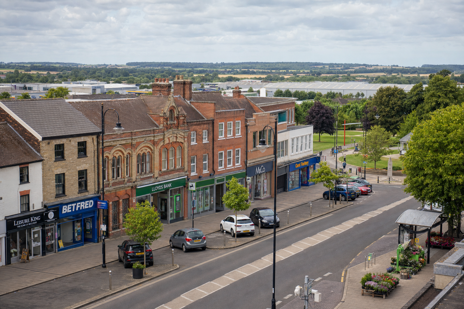 A quiet British high street with shops, parked cars, and a park in the background under a cloudy sky.