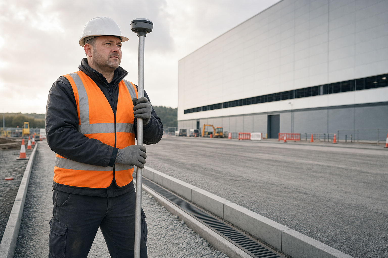 Construction worker in an orange vest and hard hat holds a survey pole on a building site.