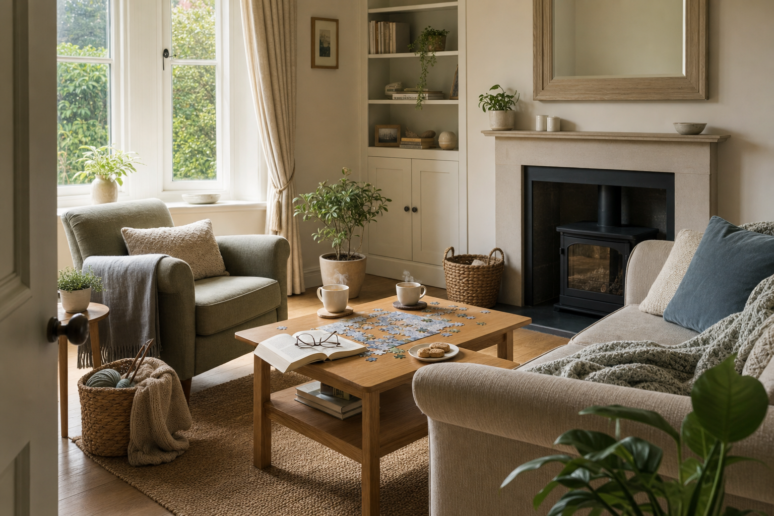 Cosy living room with a jigsaw puzzle on a wooden table, comfy sofas, plants, and a lit fireplace.