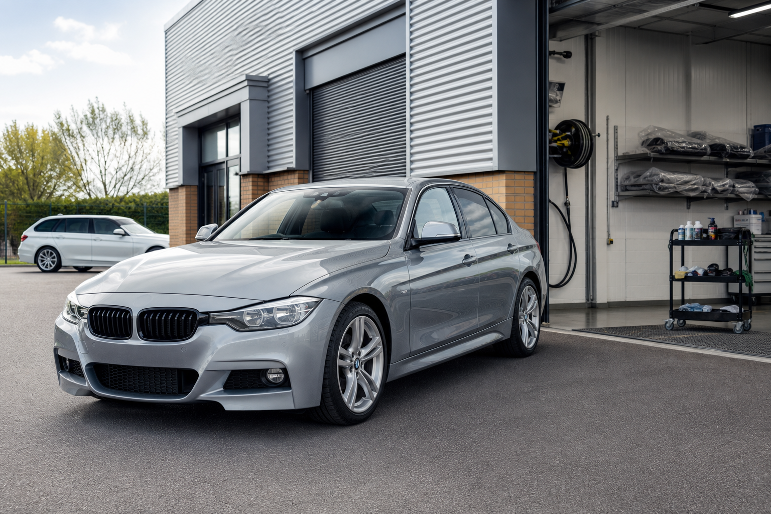 Silver sedan parked in front of a garage with automotive equipment inside.