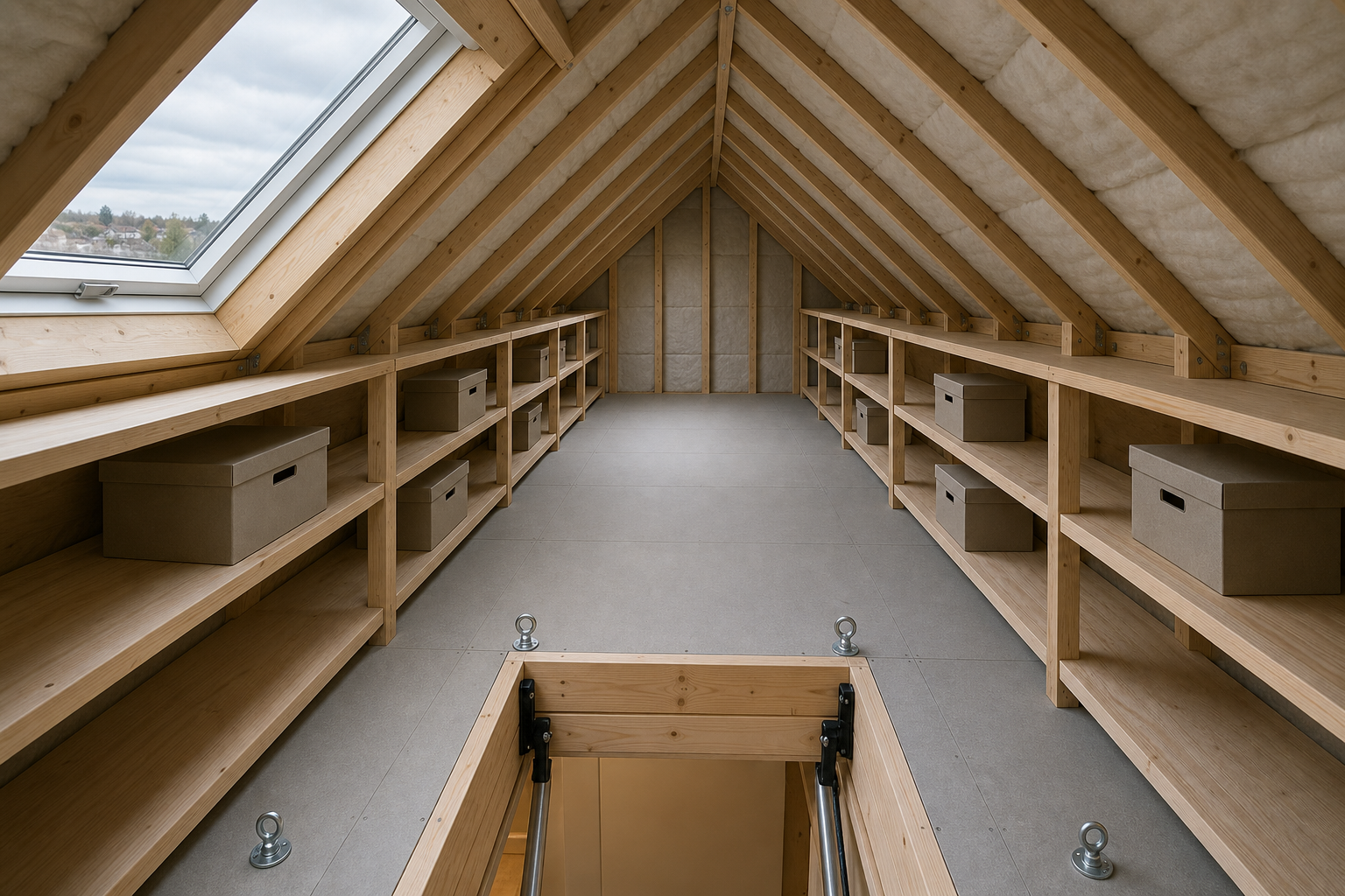 Neatly organised attic storage room with wooden shelves, cardboard boxes, and a skylight.