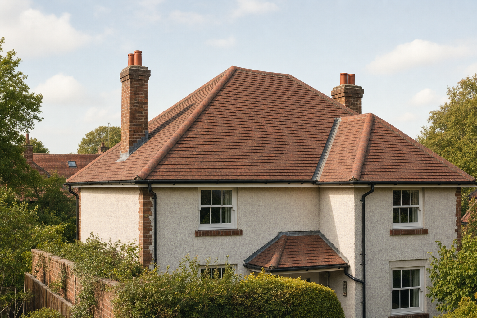 A white two-storey house with a red-tiled roof and two chimneys, surrounded by green foliage under a clear sky.