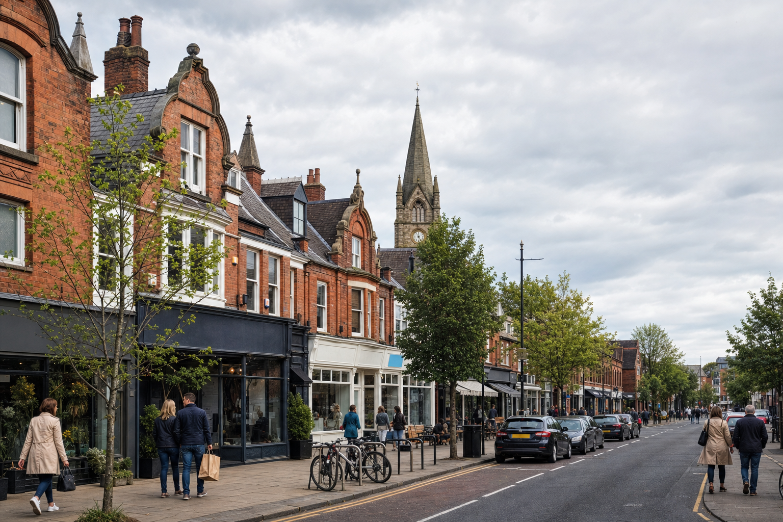 A bustling high street lined with red-brick buildings, shops, and trees under an overcast sky.