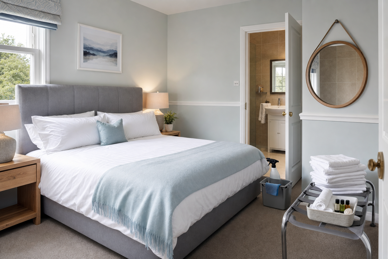 A cosy bedroom with a grey bed, light blue accents, and an open door leading to a bathroom.