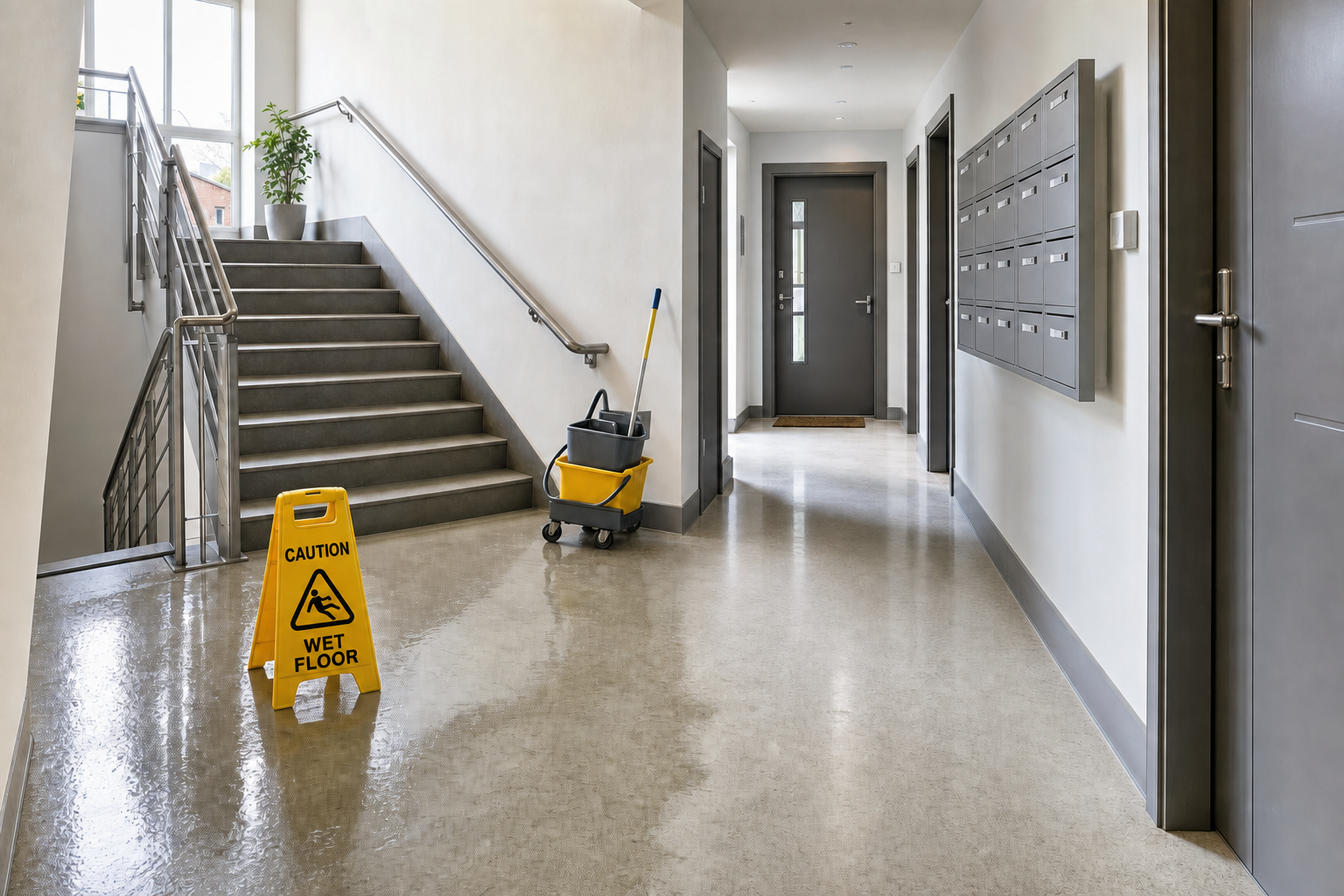 A freshly mopped corridor with a caution wet floor sign and cleaning equipment near a staircase.