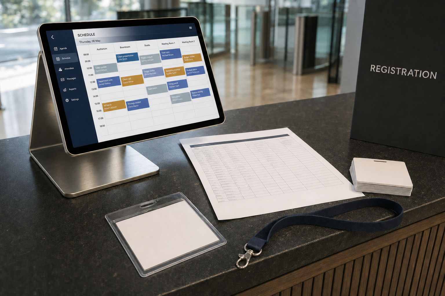 Tablet displaying a daily schedule next to registration materials on a counter in a lobby.