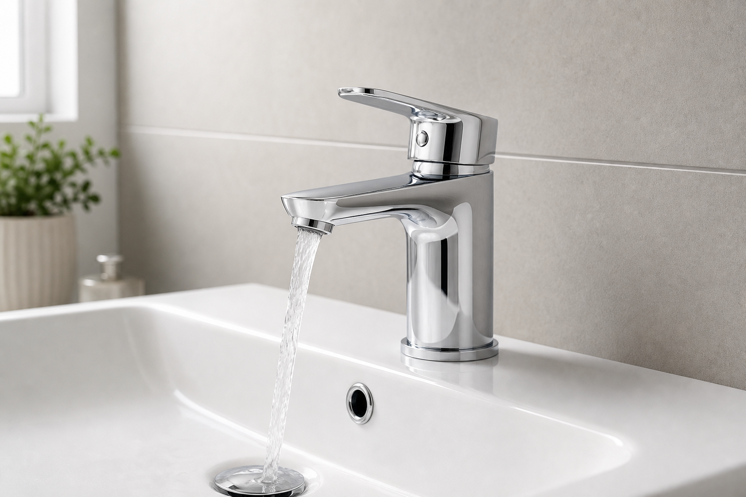 Modern chrome faucet with running water in a white bathroom sink.