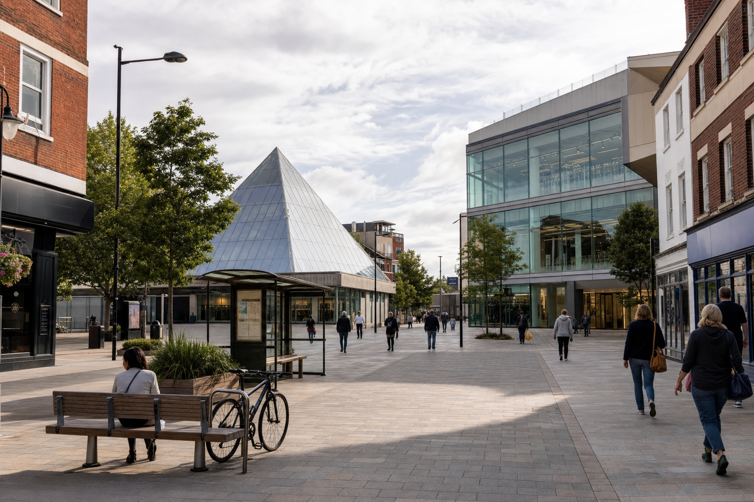 A pedestrian walks along a modern city street with a glass pyramid and buildings, accompanied by a bike and bench in the foreground.