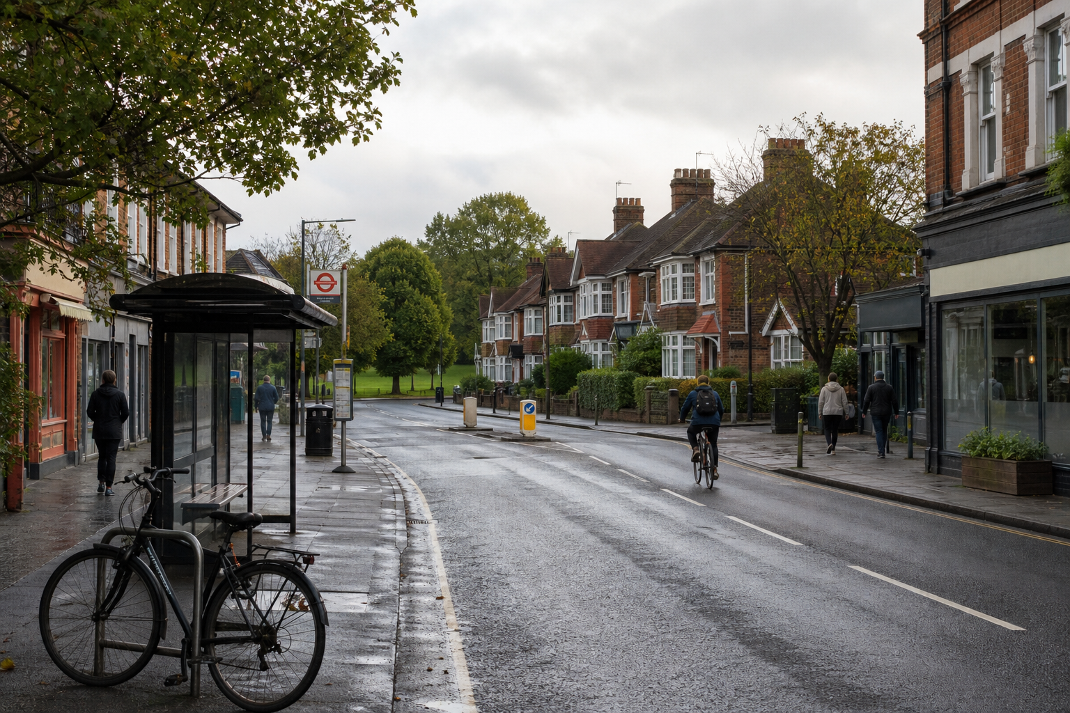 Cyclist riding down a quiet, leafy street with a bicycle parked at a bus stop and red-brick houses in the background.