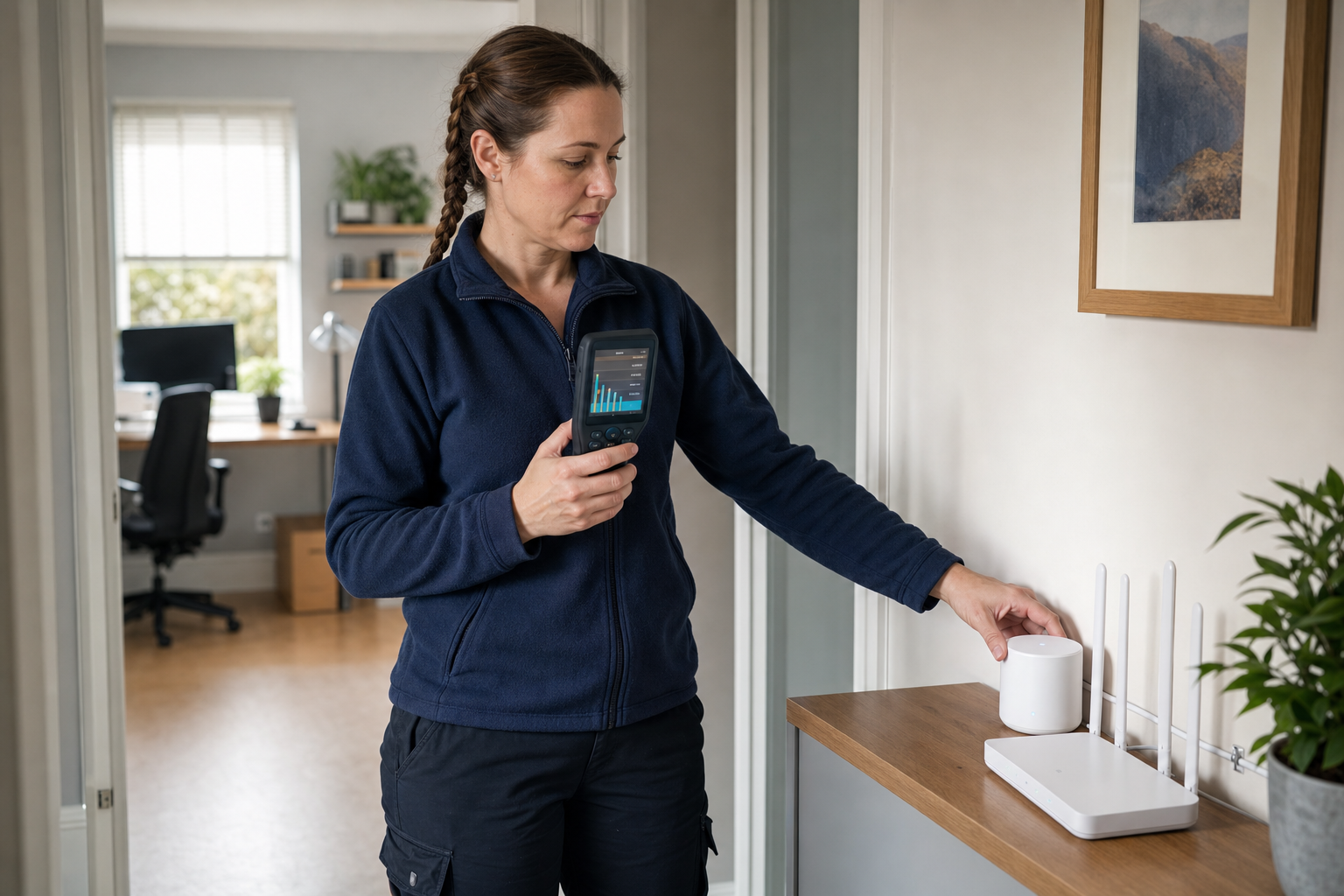 Woman using a device to check Wi-Fi signal near a router in a modern home office.