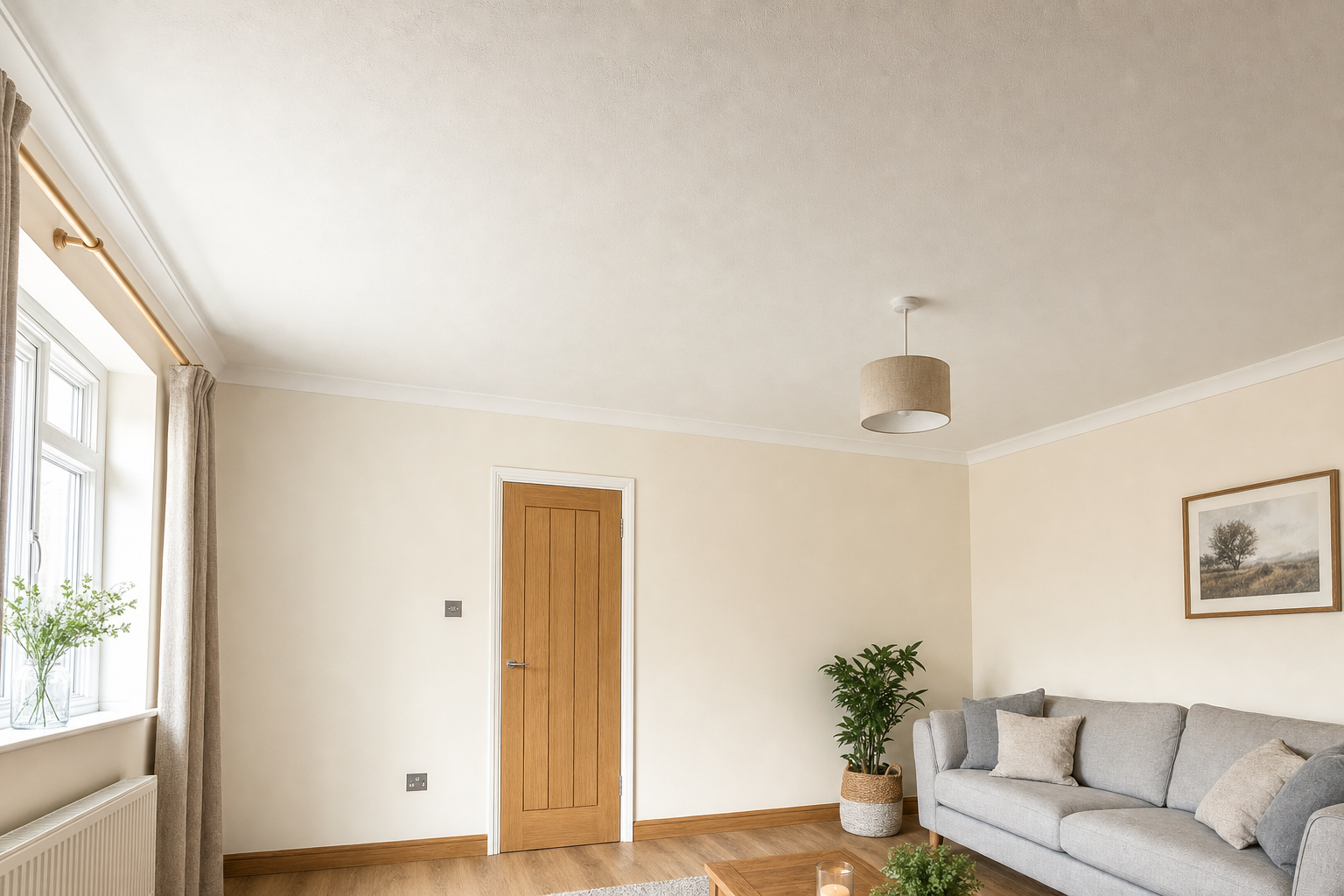 Minimalist living room with a grey sofa, potted plants, and a wooden door.