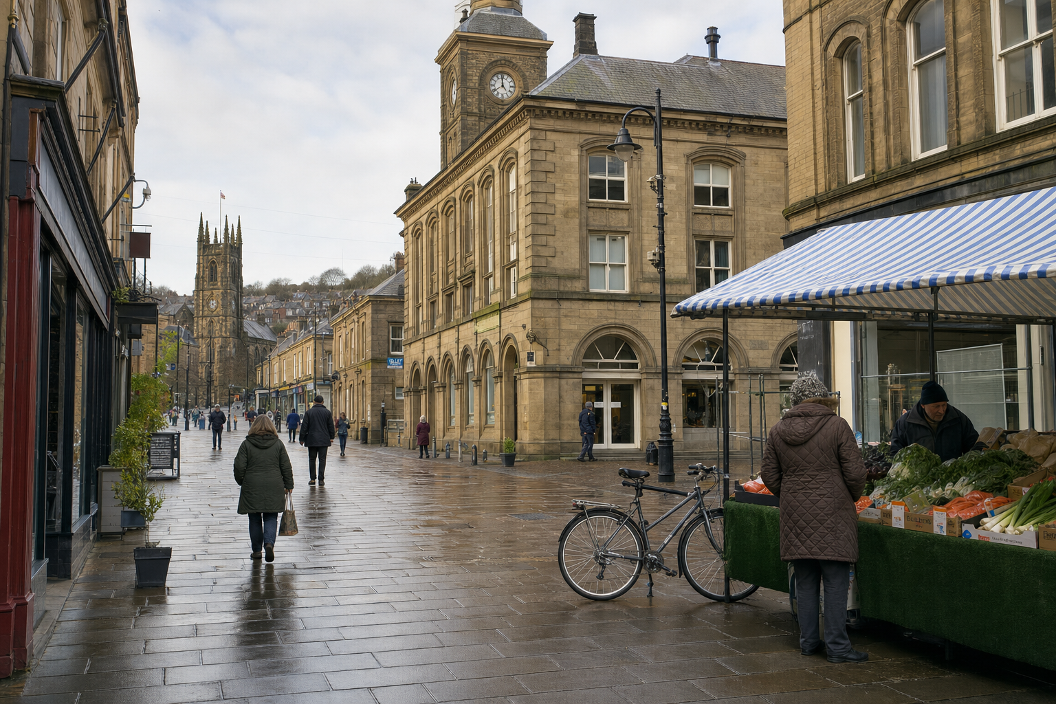 People walking on a wet street with a historic building and a market stall.