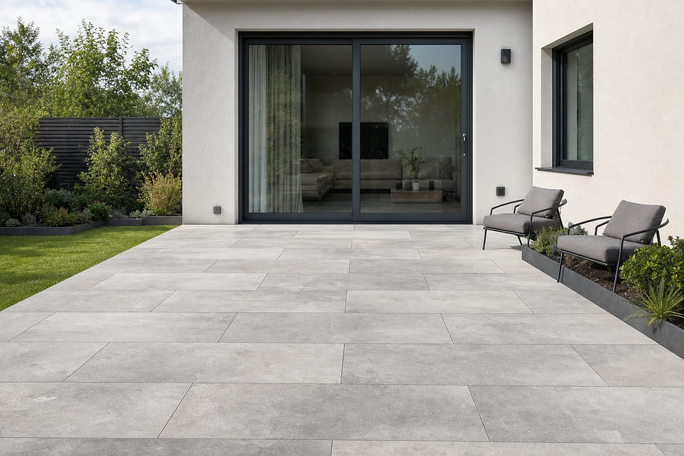 Modern patio with grey tiled flooring, two armchairs, and sliding glass doors leading to an interior living area.