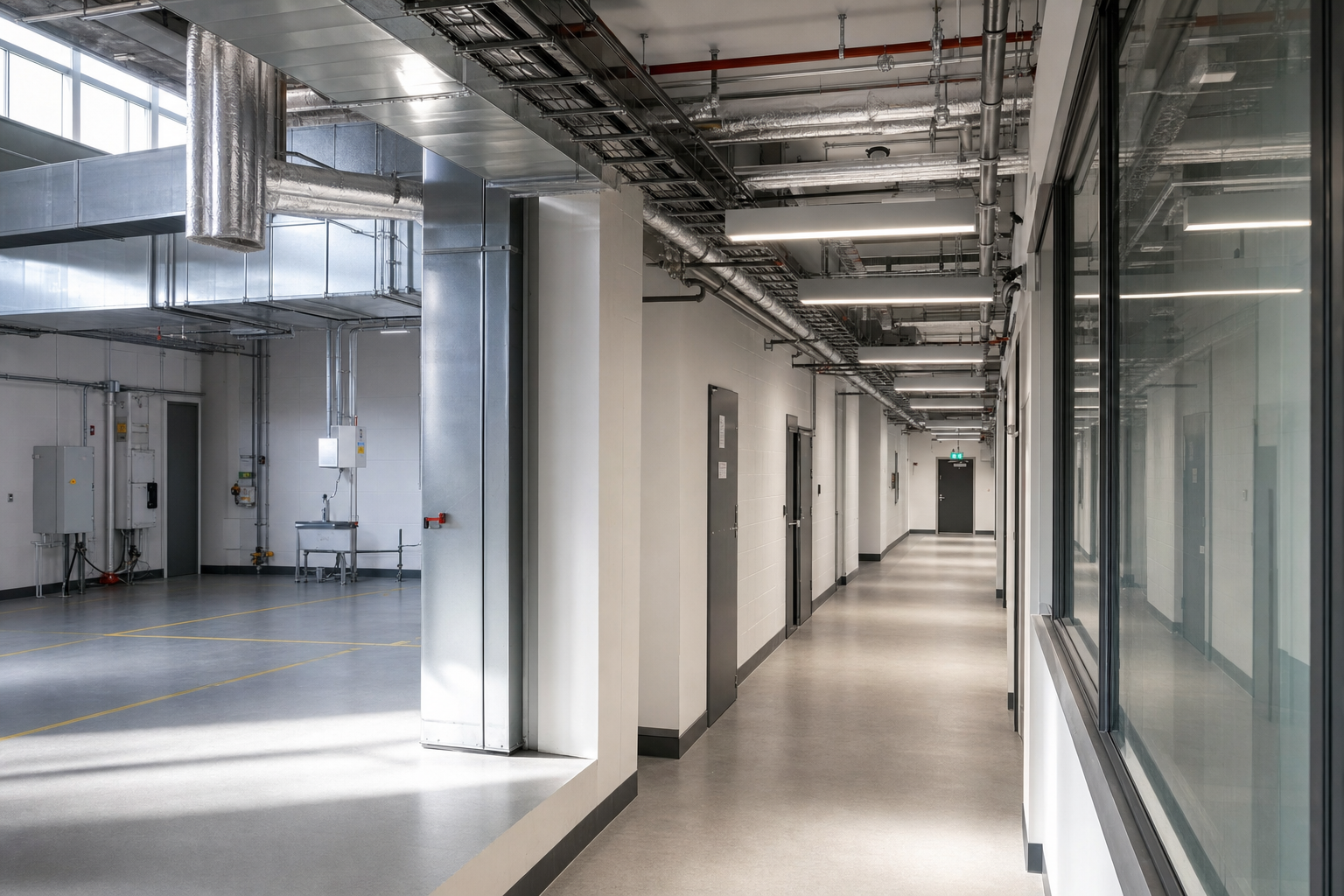 A modern industrial corridor with exposed pipes and ventilation systems on the ceiling.